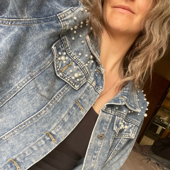 Pearl Embellished Denim Crop Jacket - Picture 2 of 5